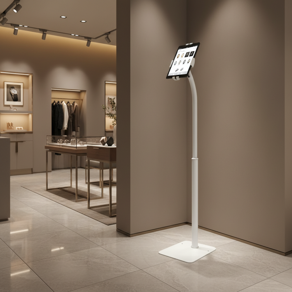 Balanced luxury retail scene with white tablet stand
