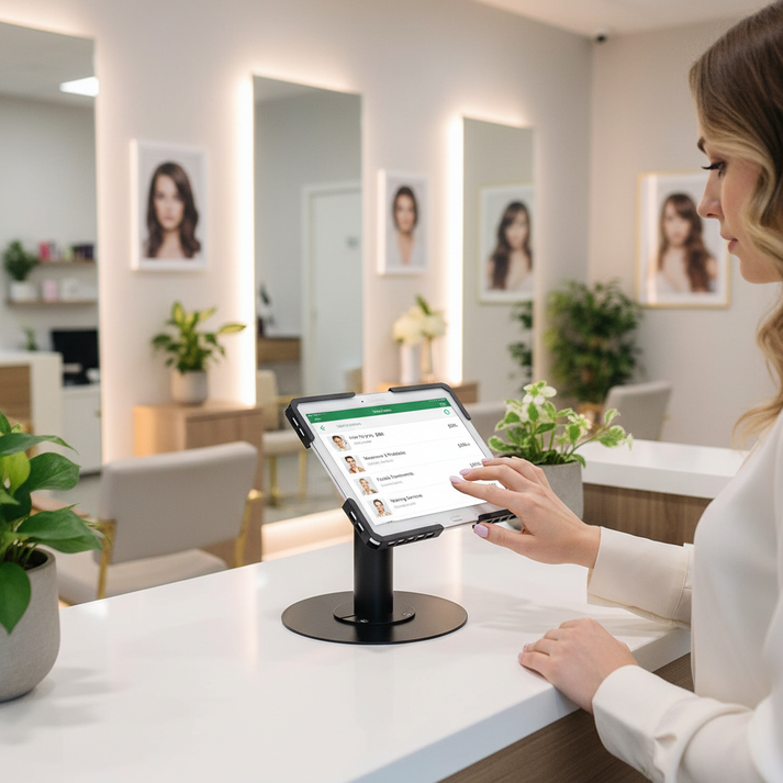 Beauty salon reception using a circular base lockable tablet stand for check-in and payments