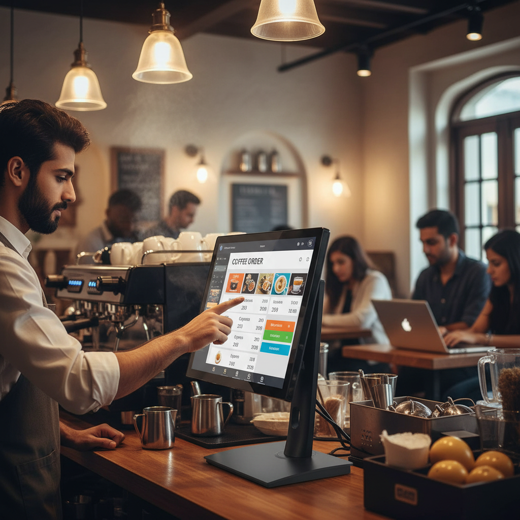 Cafe barista using POS stand