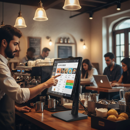 Cafe barista using POS stand
