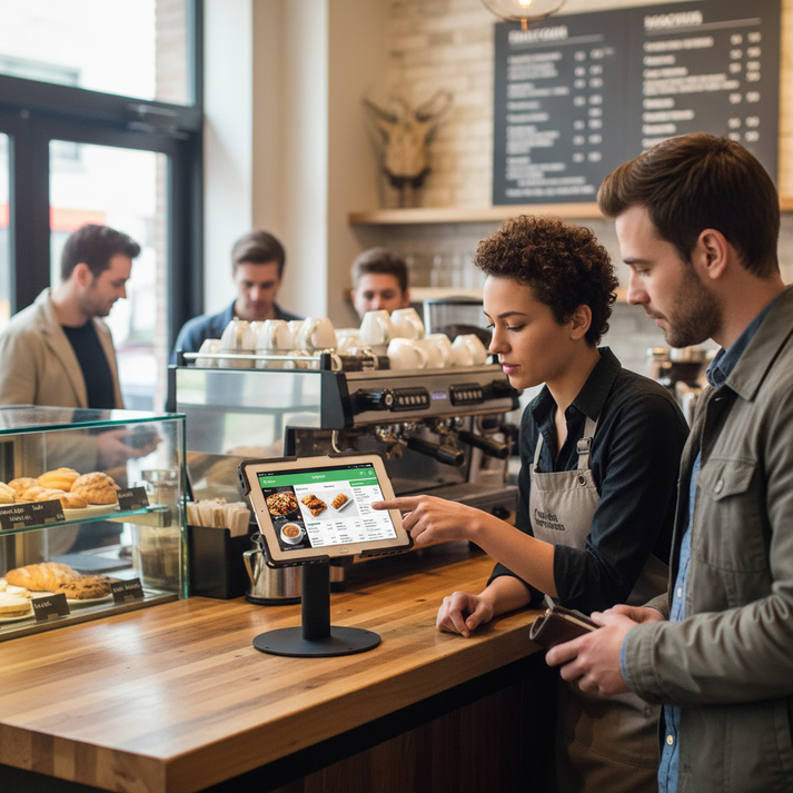 Cafe counter using a lockable tablet enclosure stand for POS and customer interaction