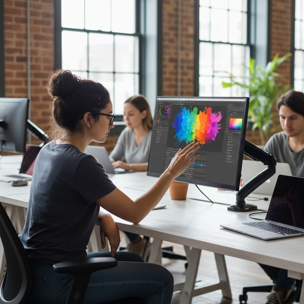 Designer in Co-working Space Using Monitor Arm