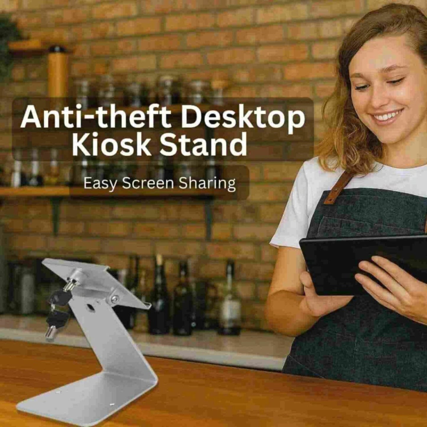 Desktop tablet kiosk stand with security lock - anti-theft holder for cafes and retail counters in Dubai UAE