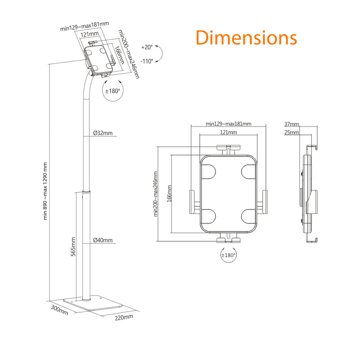 Anti-Theft Floor Tablet Kiosk - Height Adjustable up to 129 cm - Uiversal Enclosure (7.9–11″)