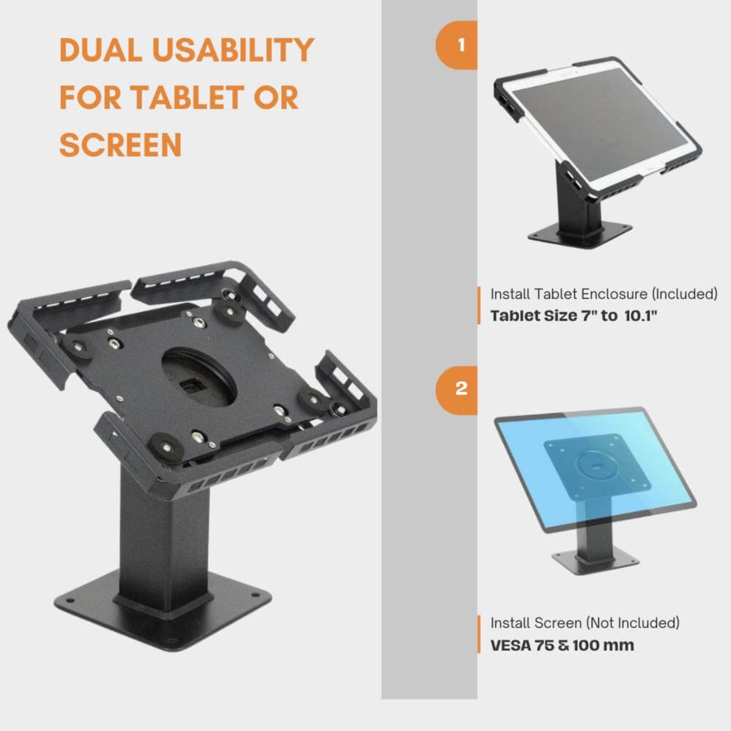 Dual-purpose stand for tablets or monitors with adjustable enclosure for versatile display solutions