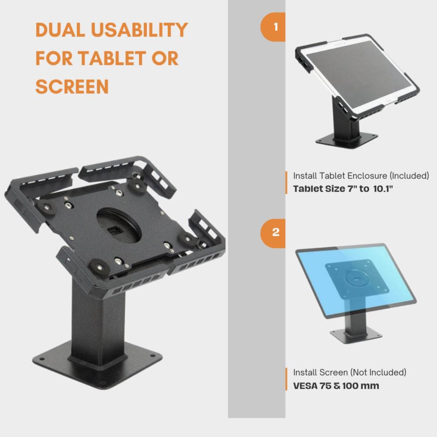 Dual-purpose stand for tablets or monitors with adjustable enclosure for versatile display solutions