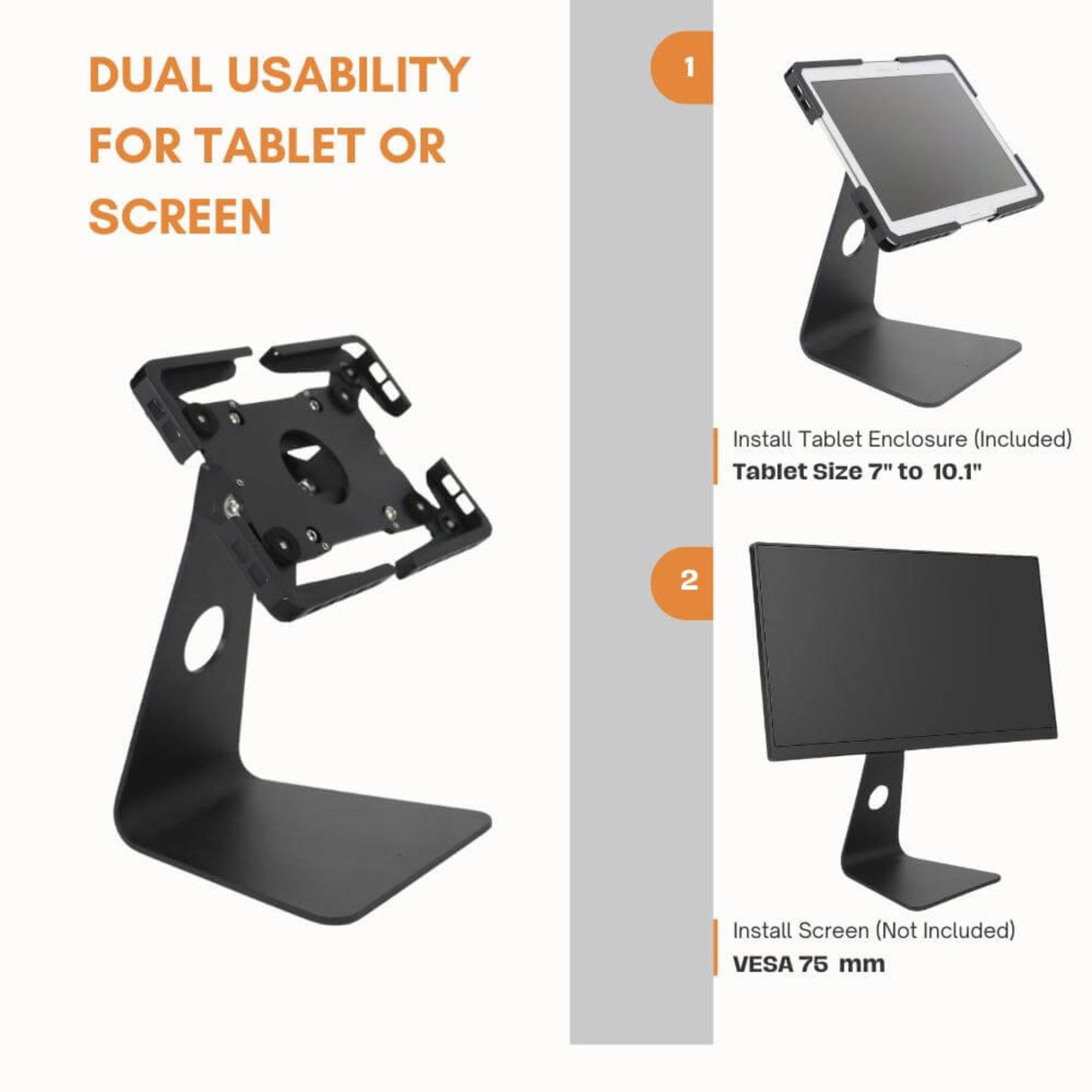 Dual-purpose desktop stand for tablets or monitors with adjustable enclosure