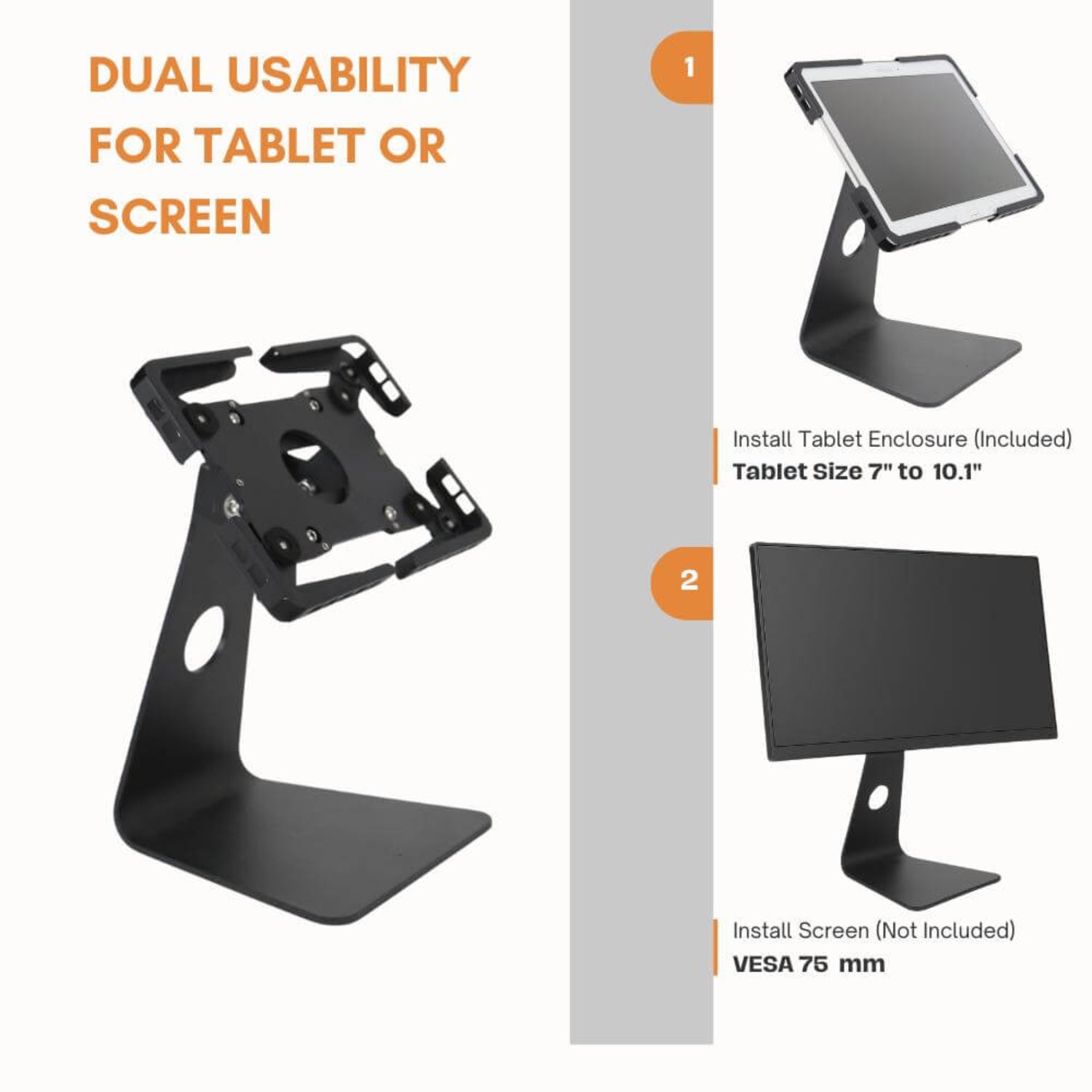 Dual-purpose desktop stand for tablets or monitors with adjustable enclosure