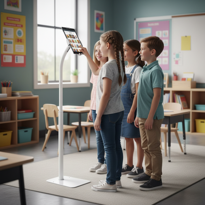 Elementary Students with Height-Adjusted TechnoMounts Stand