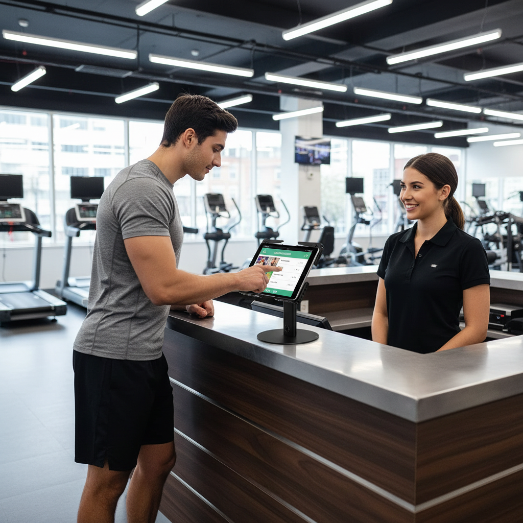 Gym Reception with Black Tablet Stand