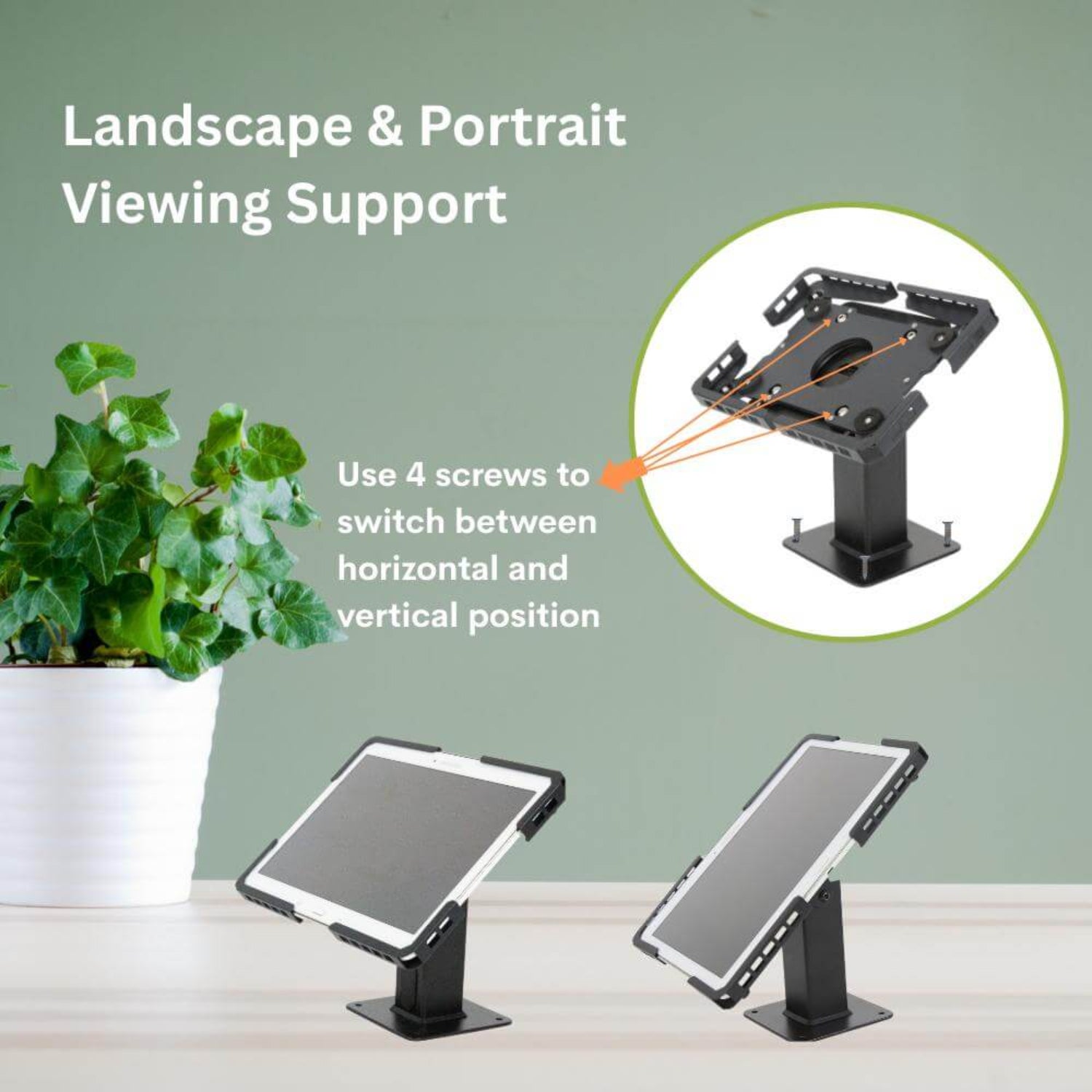 Tablet stand supporting landscape and portrait viewing with 360-degree rotation feature