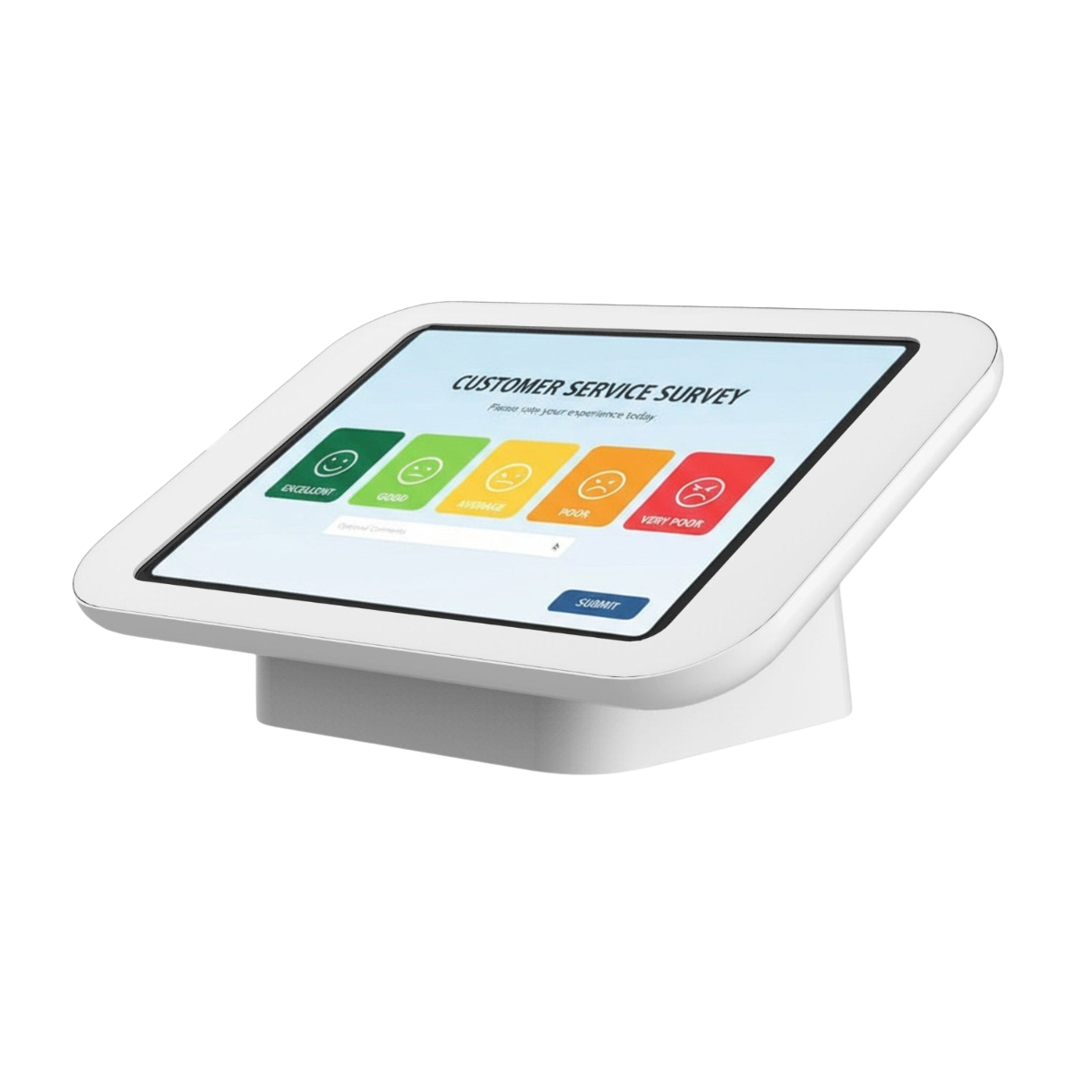 Digital tablet with a customer service survey on a white background