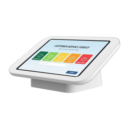 Digital tablet with a customer service survey on a white background