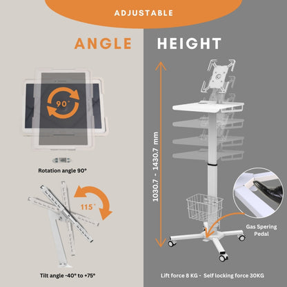 Medical trolley with tablet holder, storage basket and shelf for clinical use