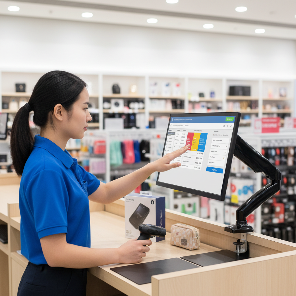 Retail Store Checkout Counter with Monitor Arm