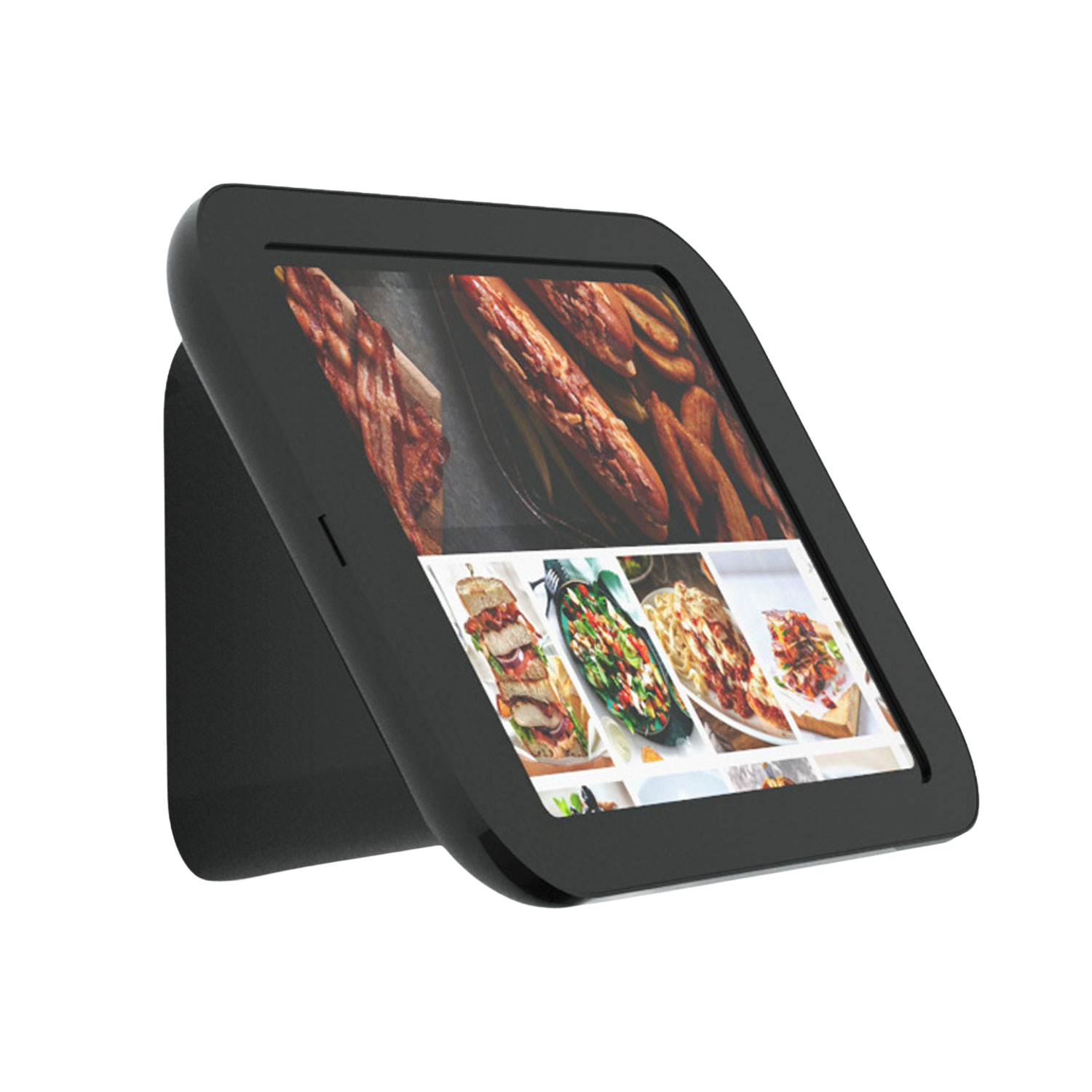 Digital menu board displaying images of food on a white background
