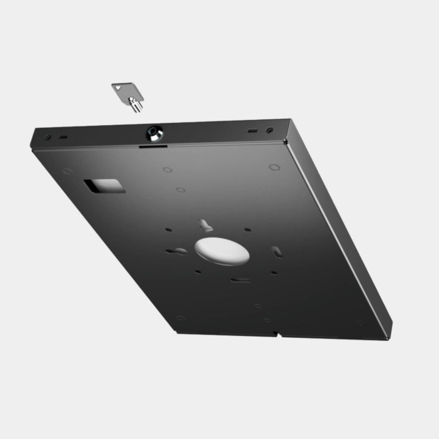 Side view of anti-theft tablet wall mount enclosure showing secure locking mechanism and cable management - TechnoMounts UAE