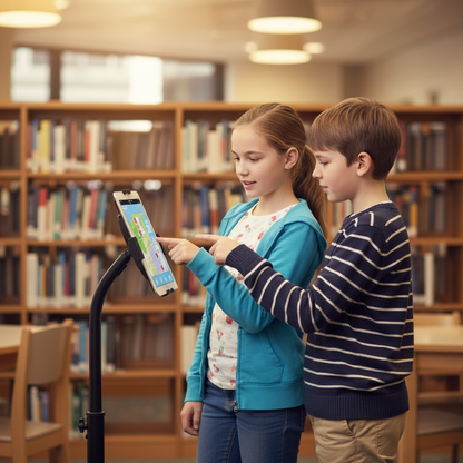 Students collaborating at tablet stand in library