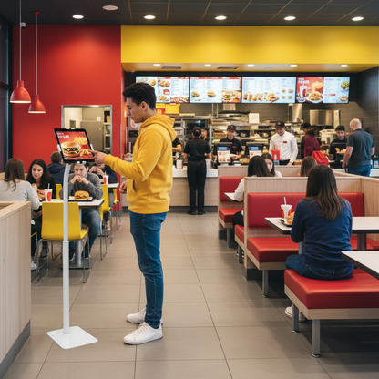 Tablet floor stand in busy fast food restaurant