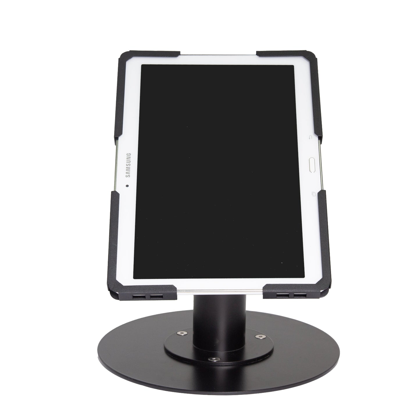 Circular Base Tablet Stand with Adjustable Locking Holder - Detail View - Commercial Grade Security Stand - TechnoMounts UAE
