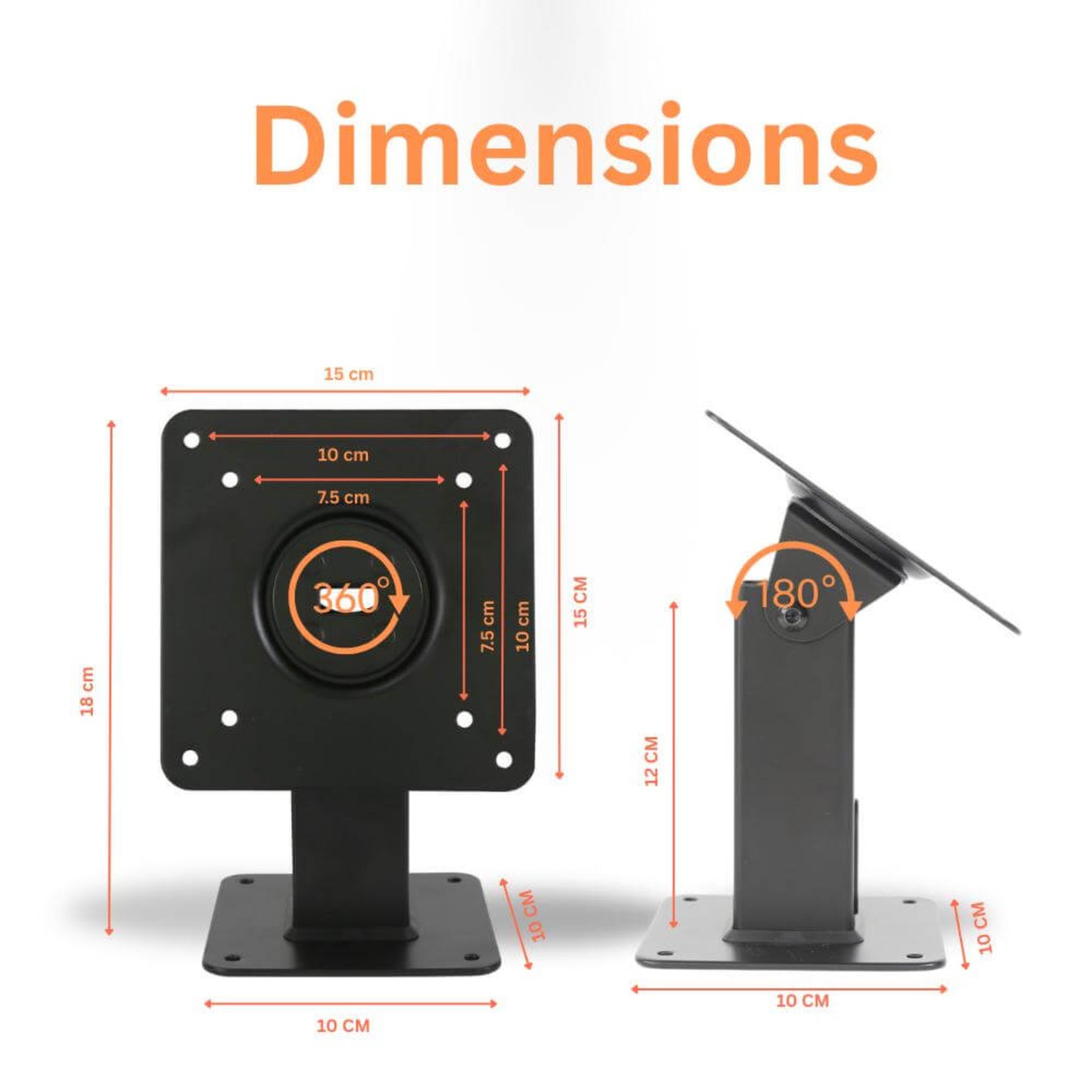 TechnoMounts tablet stand dimensions showing 180-degree tilt and 360-degree rotation capabilities