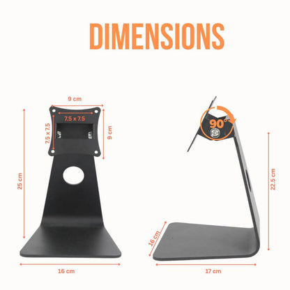 Technical dimensions of desktop tablet stand showing 90-degree tilt and VESA mount specifications