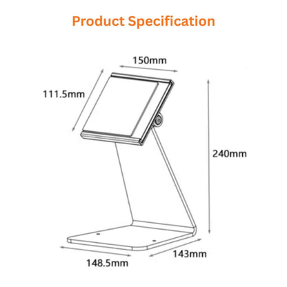 Technical specifications and dimensions of anti-theft tablet stand - product measurements for POS kiosk UAE