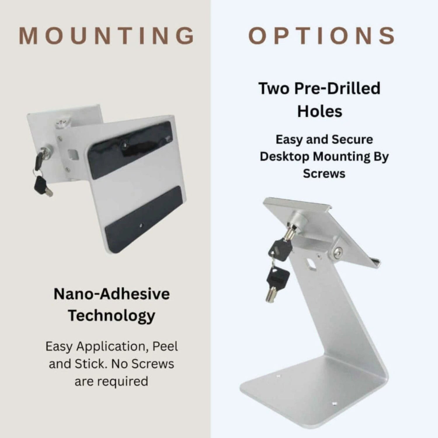 Tablet stand mounting options - nano-adhesive and screw installation for secure desktop setup in UAE