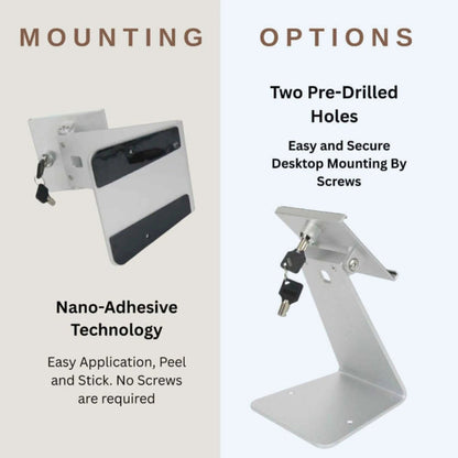 Tablet stand mounting options - nano-adhesive and screw installation for secure desktop setup in UAE