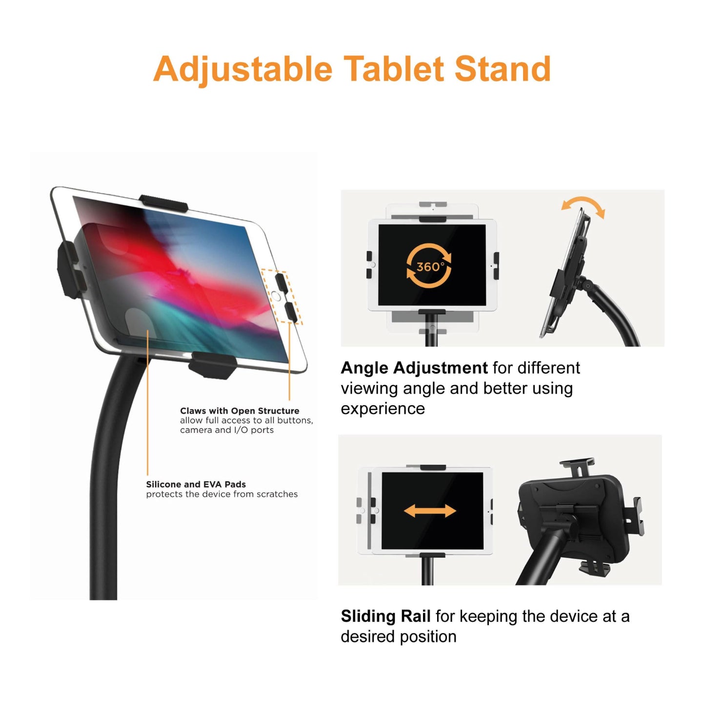Adjustable tablet stand showing 360-degree rotation and tilt function