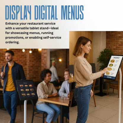 TechnoMounts floor tablet stand displaying digital restaurant menu for self-service