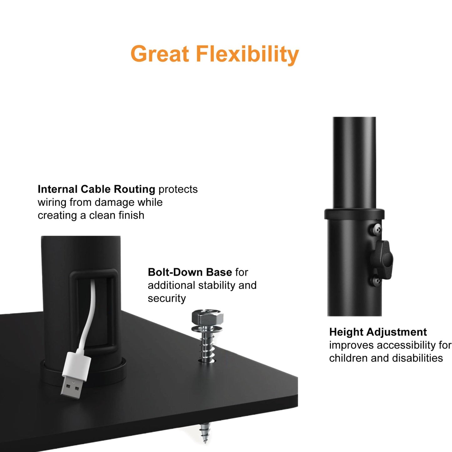 TechnoMounts floor stand with cable routing, bolt-down base, and height adjustment