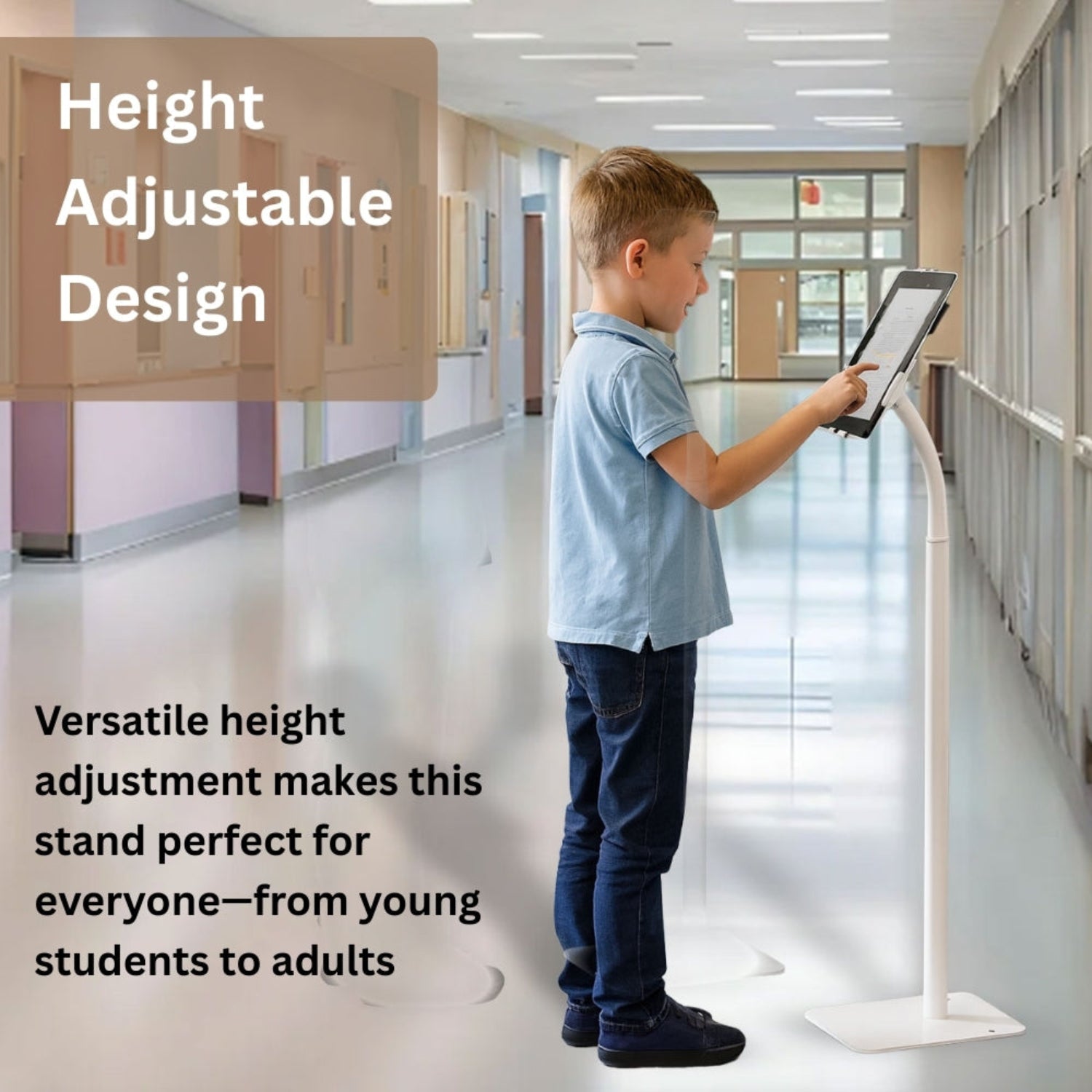 Height adjustable tablet stand for students and accessible use