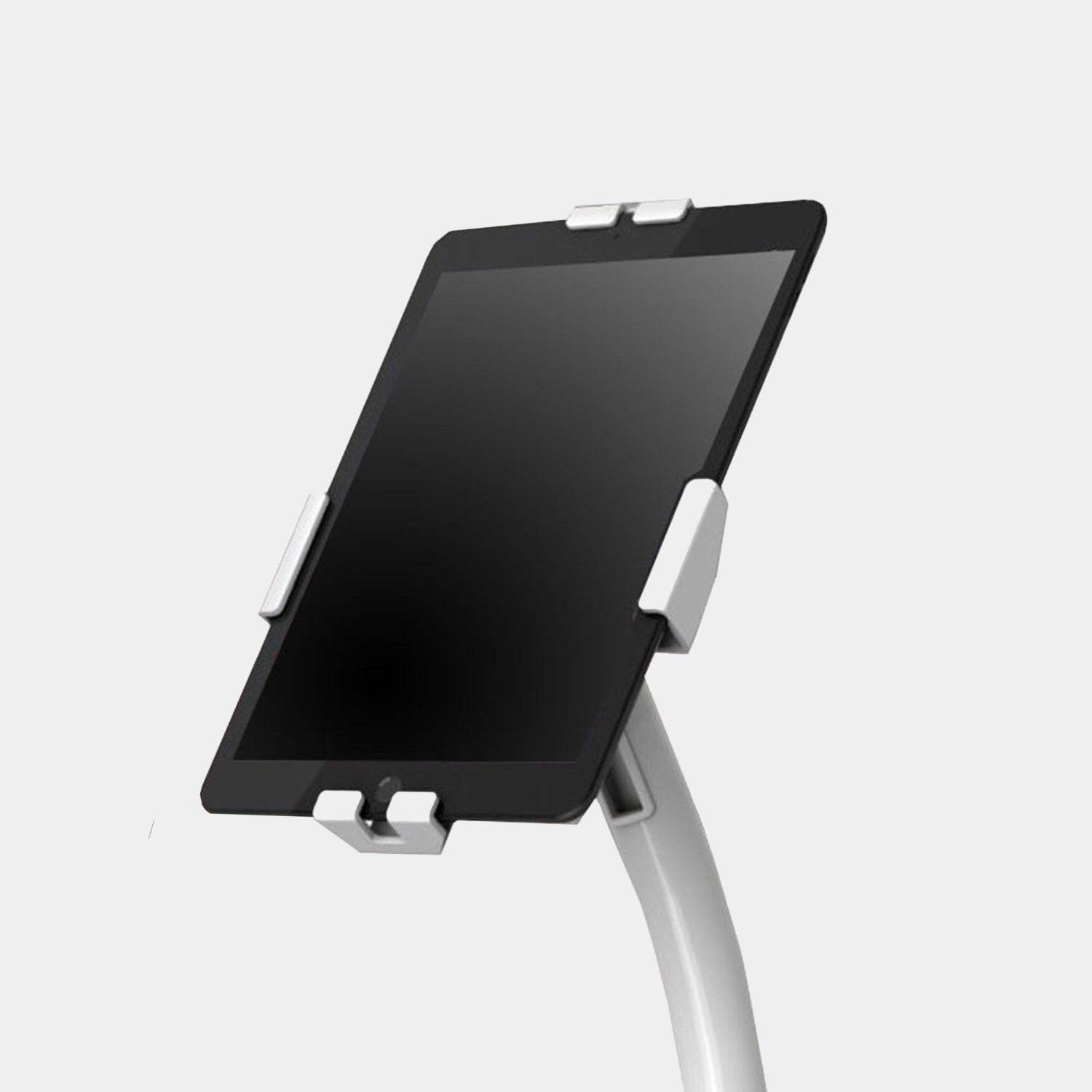 Close-up of TechnoMounts tablet holder showing adjustable secure enclosure