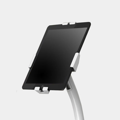 Close-up of TechnoMounts tablet holder showing adjustable secure enclosure