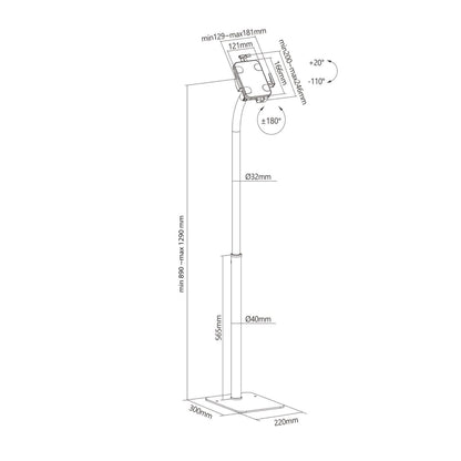 Dimensional diagram of TechnoMounts adjustable tablet floor stand with size details