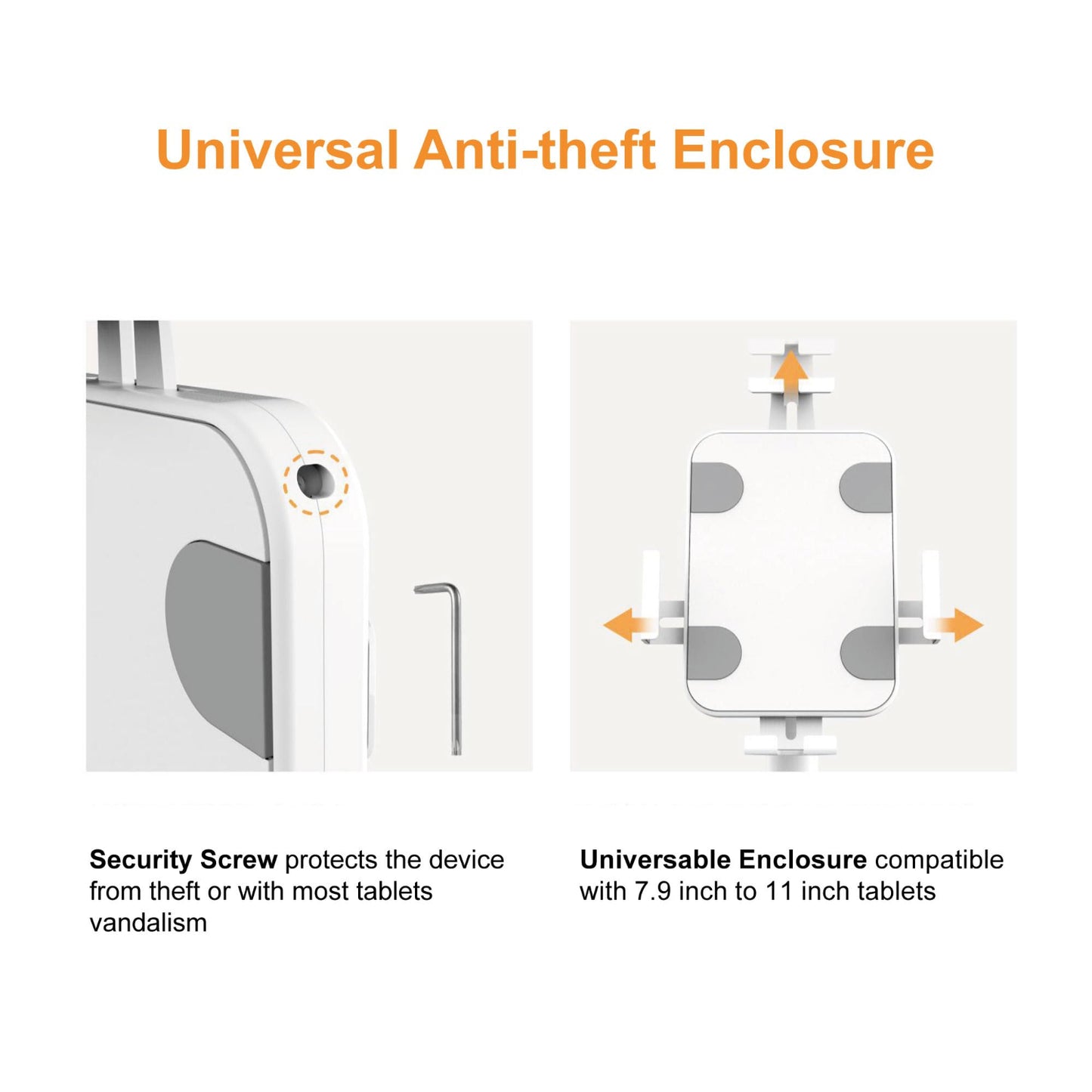 Universal anti-theft tablet enclosure with security screw and 7.9–11 inch compatibility