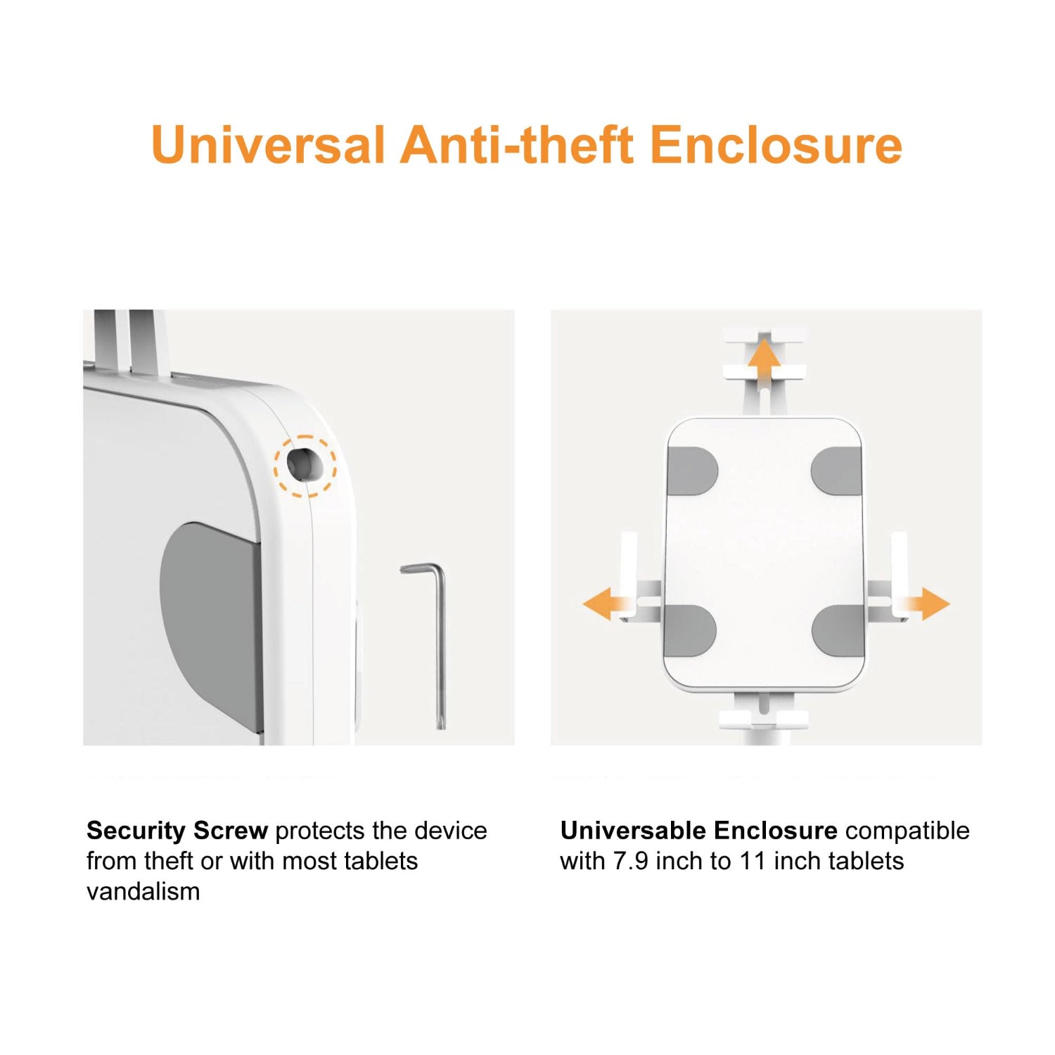 Universal anti-theft tablet enclosure with security screw and 7.9–11 inch compatibility