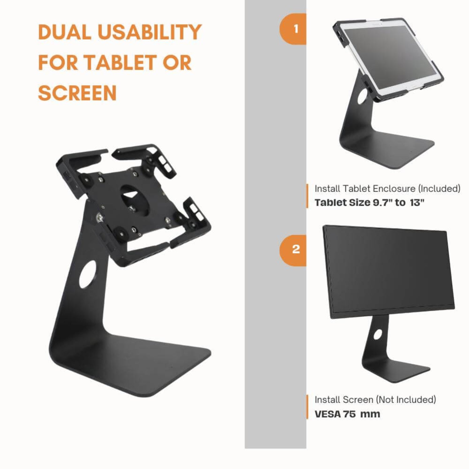 Universal VESA tablet holder supporting 9.7 to 13-inch tablets