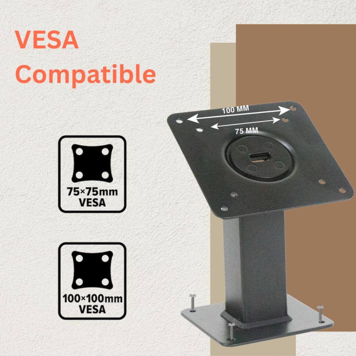 VESA compatible tablet stand supporting 75x75mm and 100x100mm mounting patterns