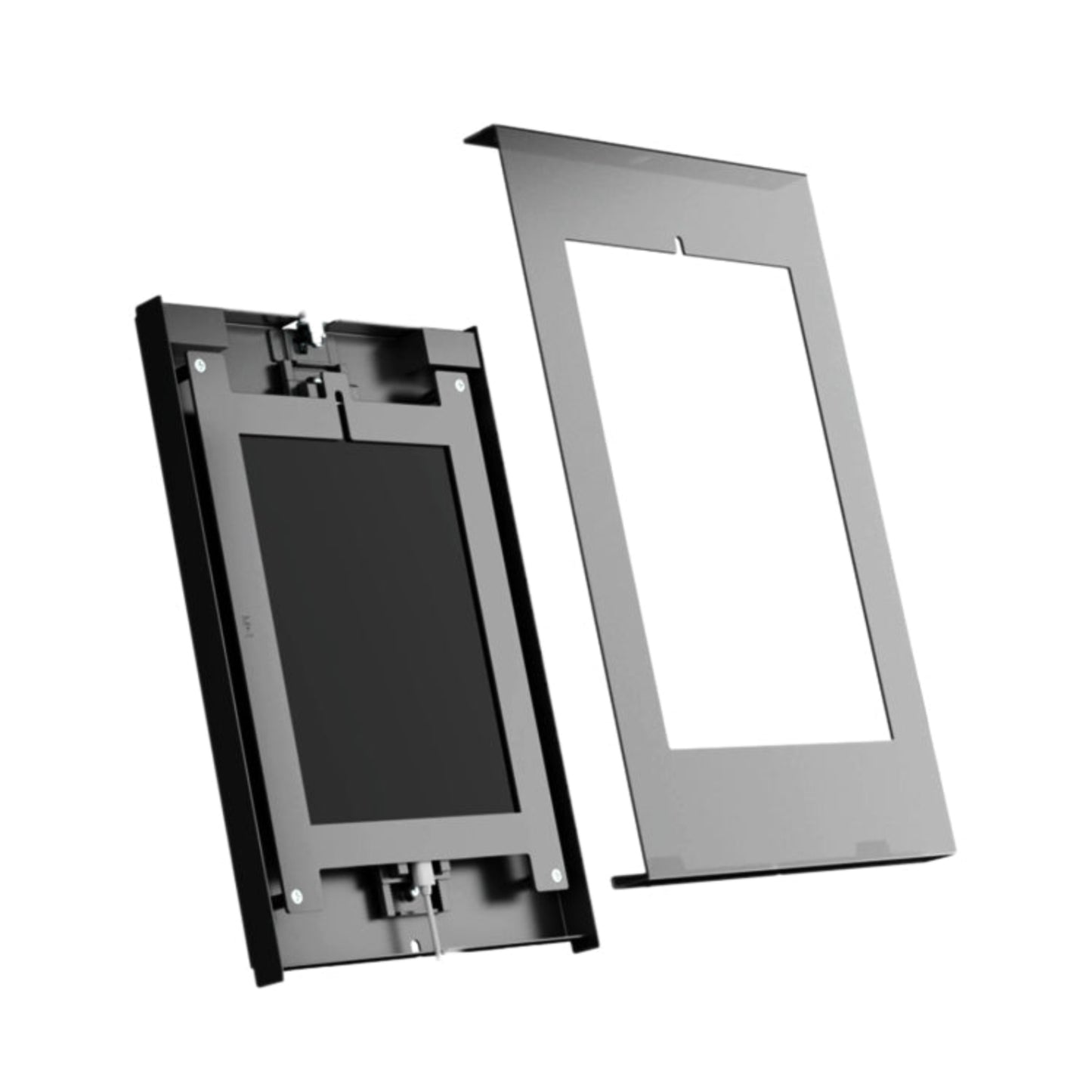 Wall-mounted tablet enclosure installation showing professional mounting hardware and secure tablet holder - commercial grade UAE