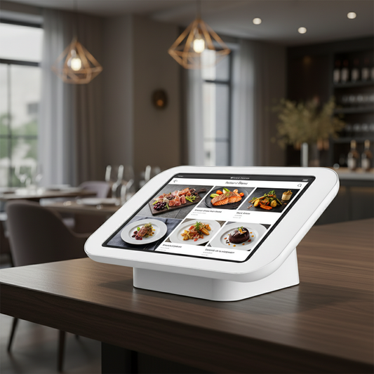 White tablet desk mount in restaurant
