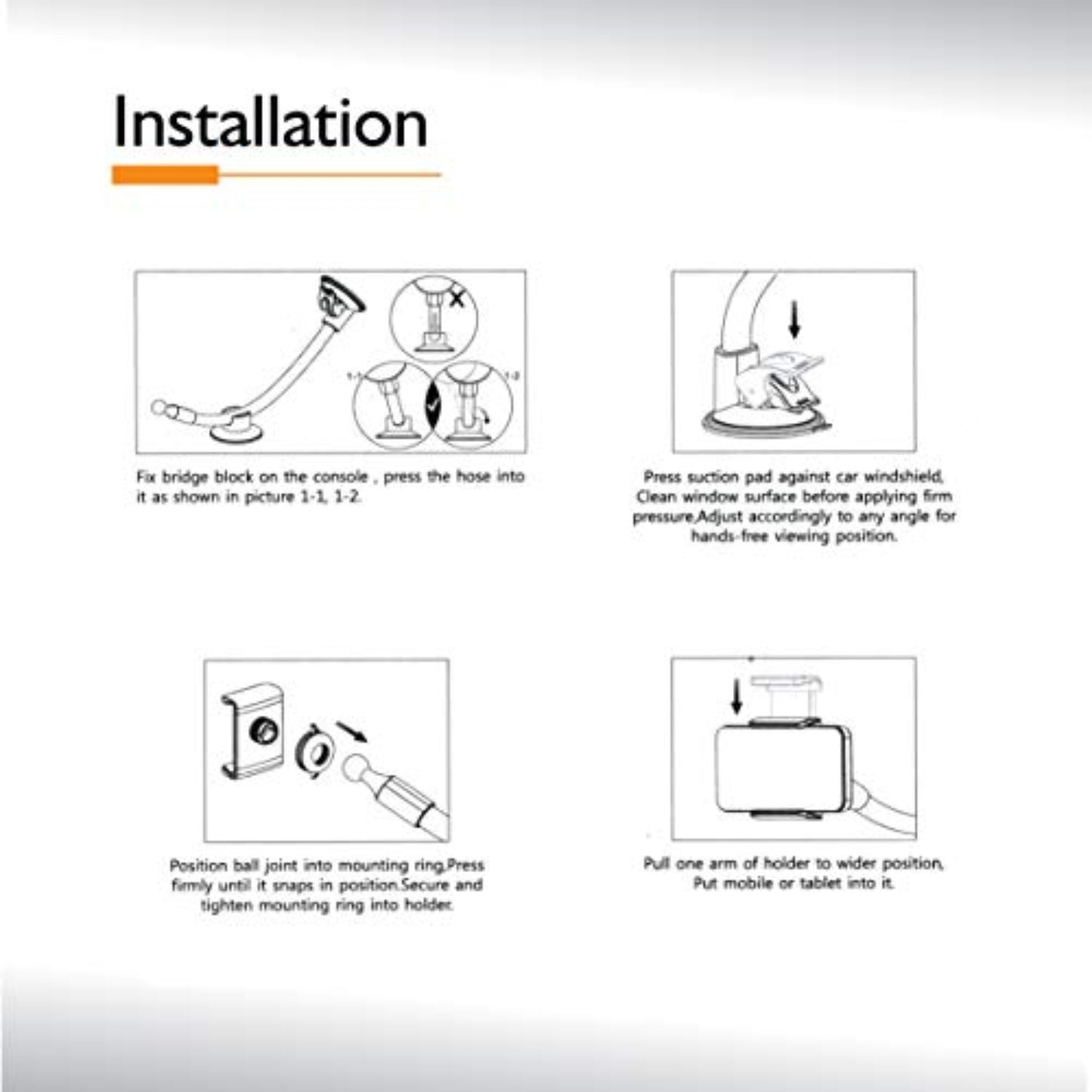 Adjustable gooseneck tablet holder with universal car suction mount for secure tablet and phone display