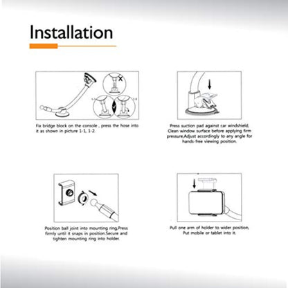 Adjustable gooseneck tablet holder with universal car suction mount for secure tablet and phone display