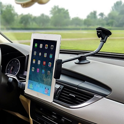 Flexible gooseneck car mount with suction cup base for tablets and smartphones hands-free viewing