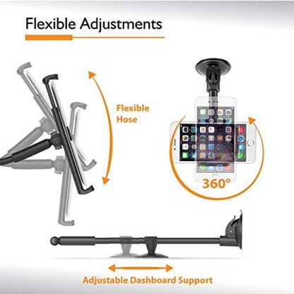 Universal gooseneck car tablet and phone mount with strong suction cup holder for stable device mounting
