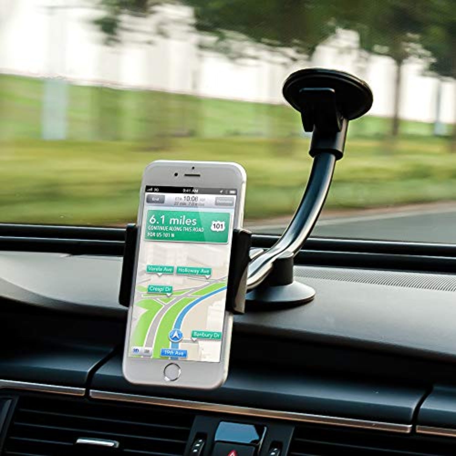 Universal car tablet holder with gooseneck design for windshield and dashboard mounting compatible with tablets and phones